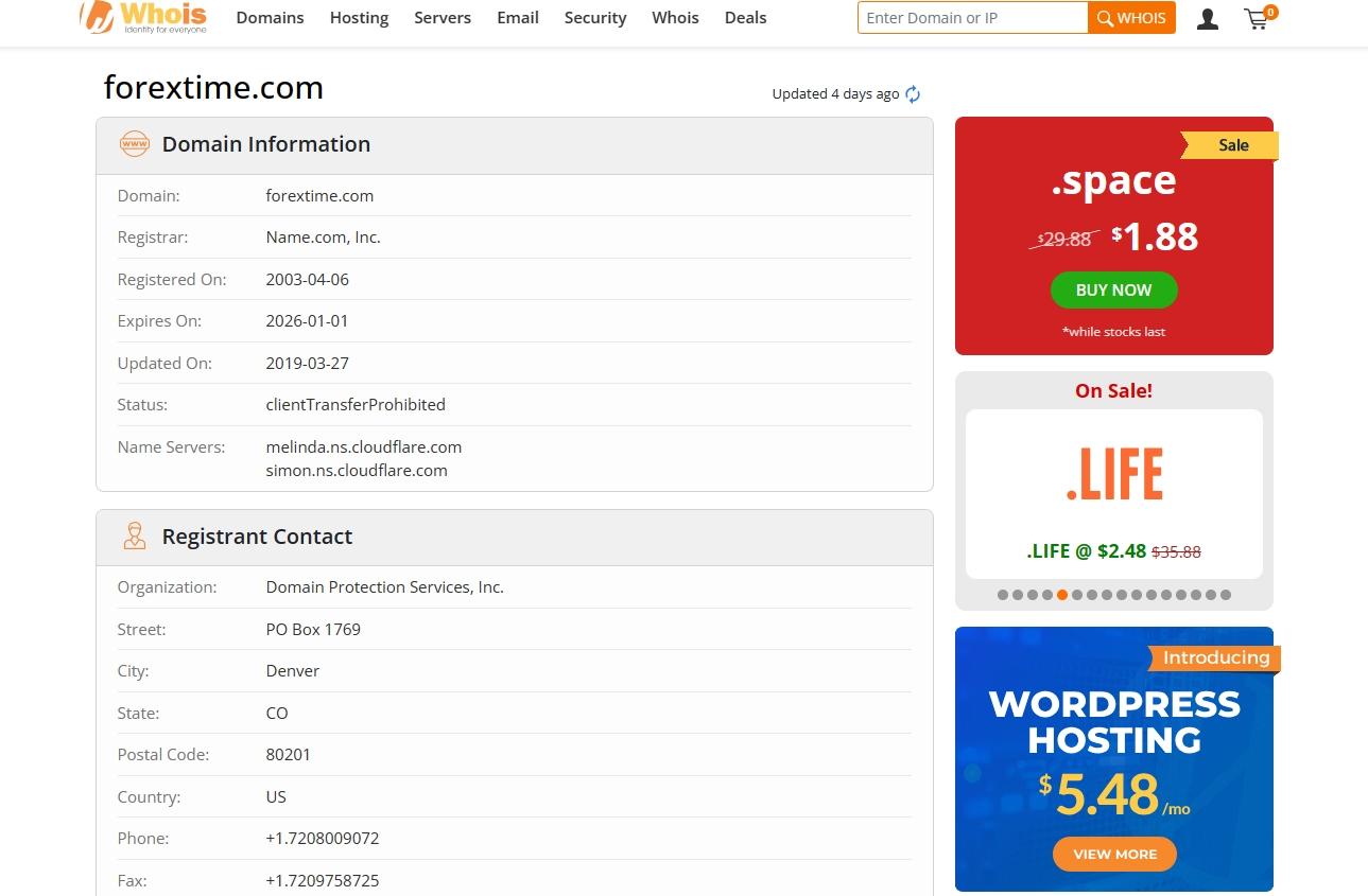 FXTM domain registration time in whois
