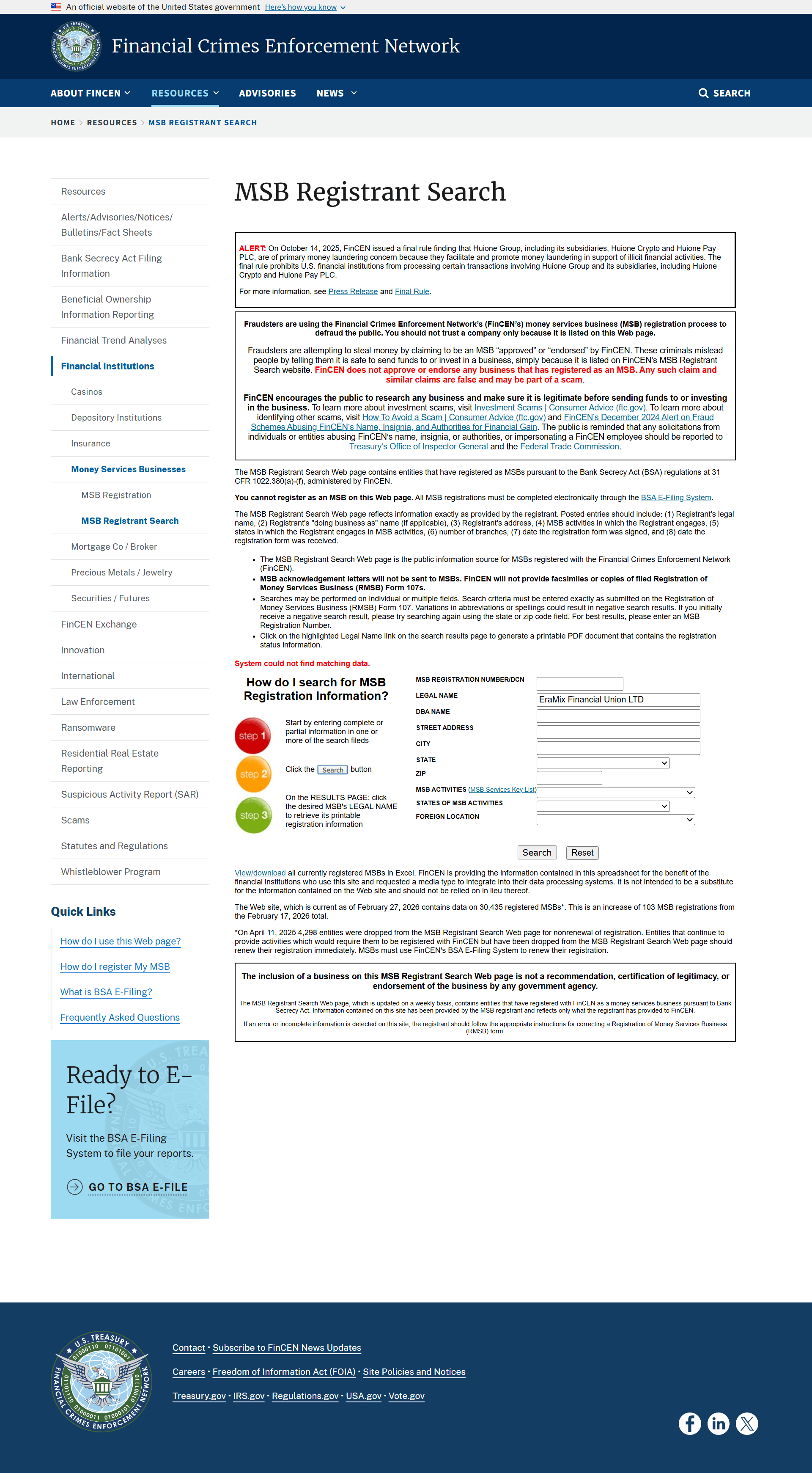 U.S. Financial Crimes Enforcement Network Lookup Results