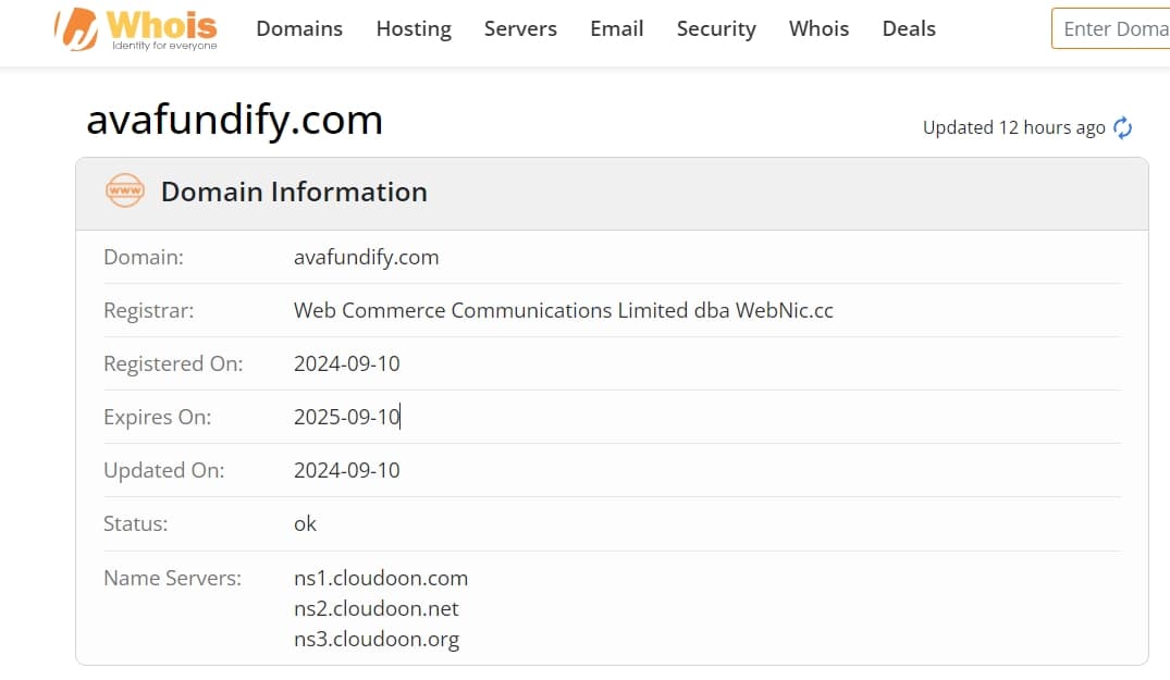 whois domain time of Avafundify