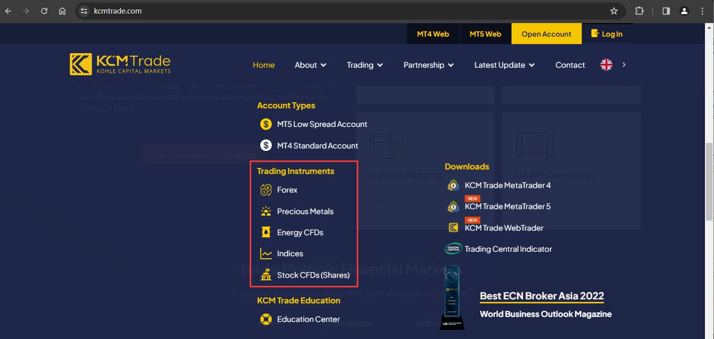 The official website displays trading product information