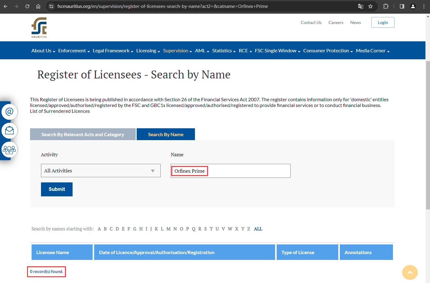 The official website displays regulatory information