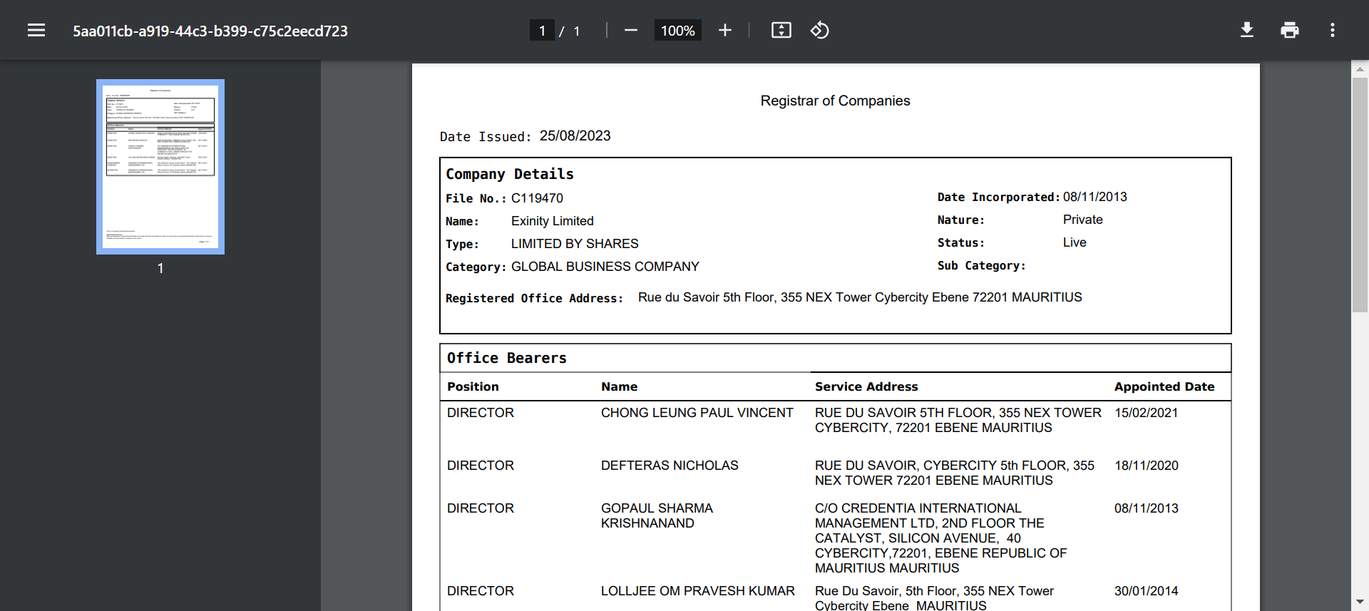 Department of Corporate and Commercial Registration of the Republic of Mauritius
