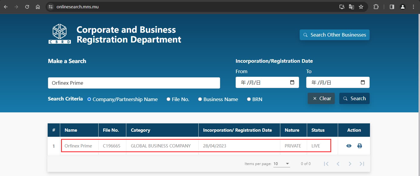 The official website shows the company registration information query