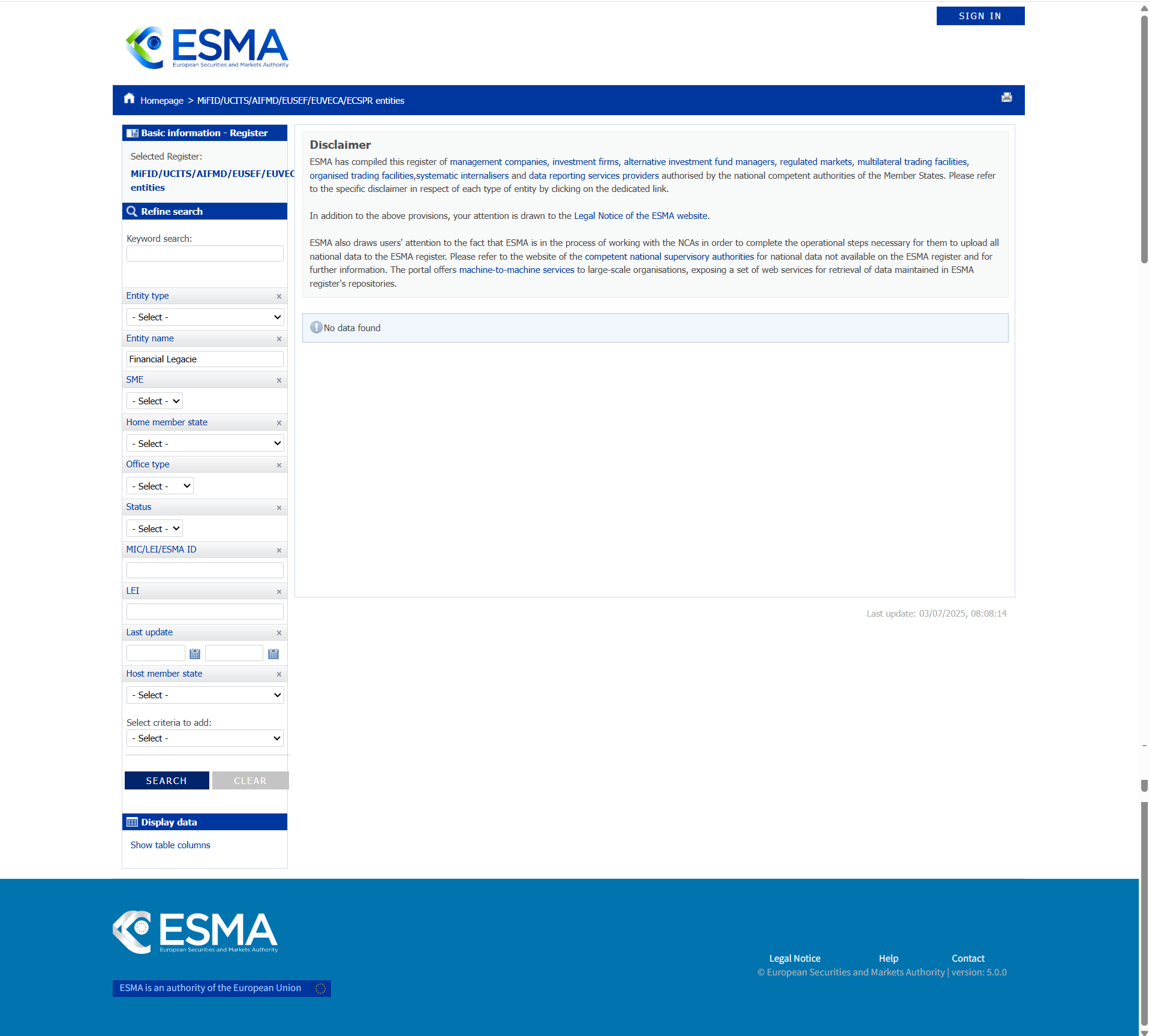 European Securities and Markets Authority（ESMA）