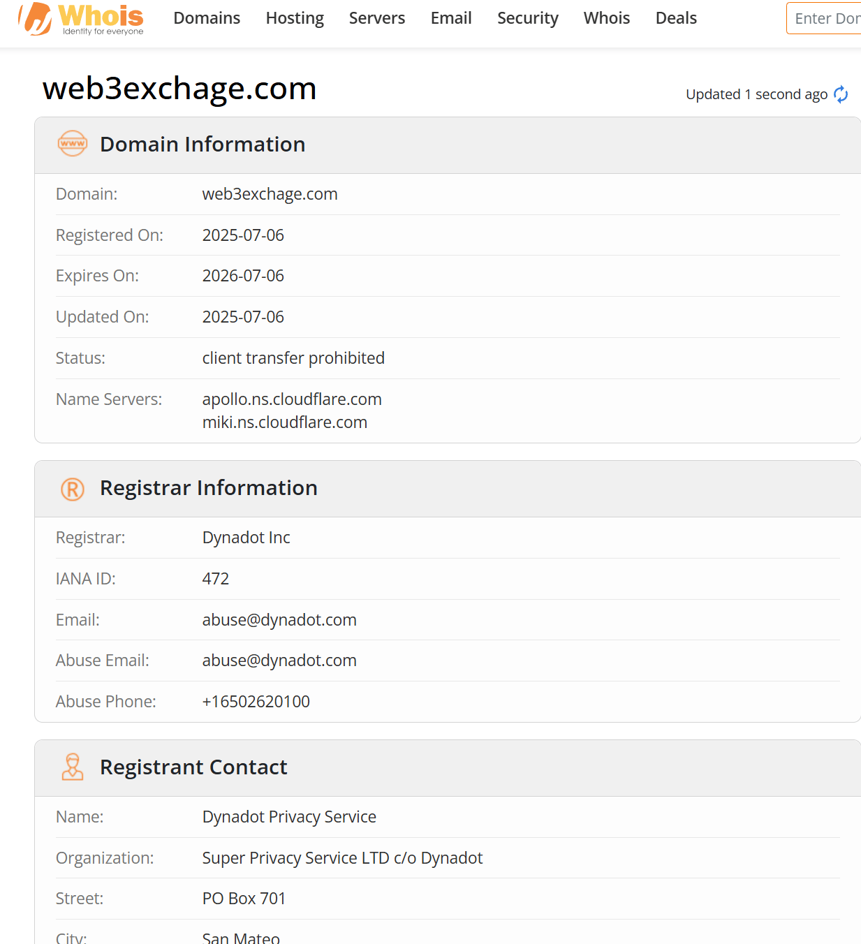 Whois lookup results