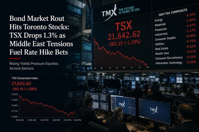 債券市場の暴落がトロント株式市場に衝撃を与える：TSX指数が1.3%下落、中東情勢が利上げ予想を押し上げる