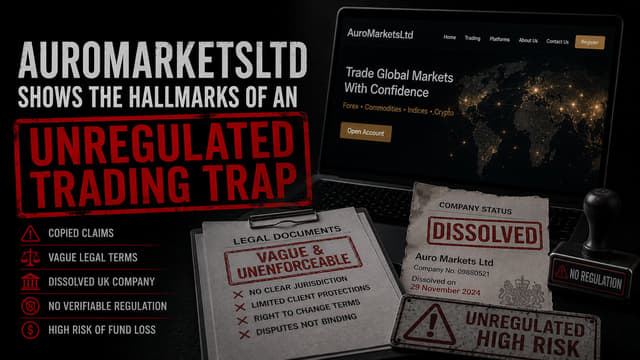 AuroMarketsLtd उच्च जोखिम चेतावनी: भंग, नकल, कोई वास्तविक विनियमन नहीं