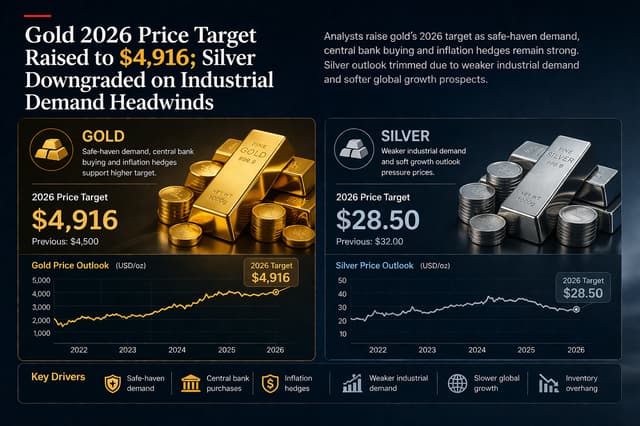 2026年の金の目標価格は4916ドルに引き上げられ、銀は工業需要の影響で引き下げられました。