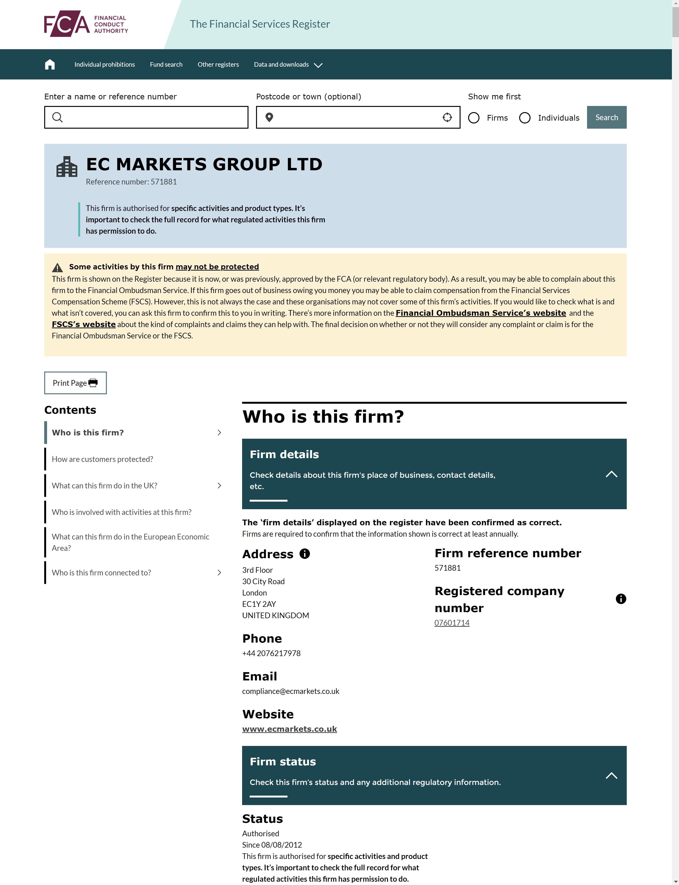 EC Markets FCA Regulation Screenshot