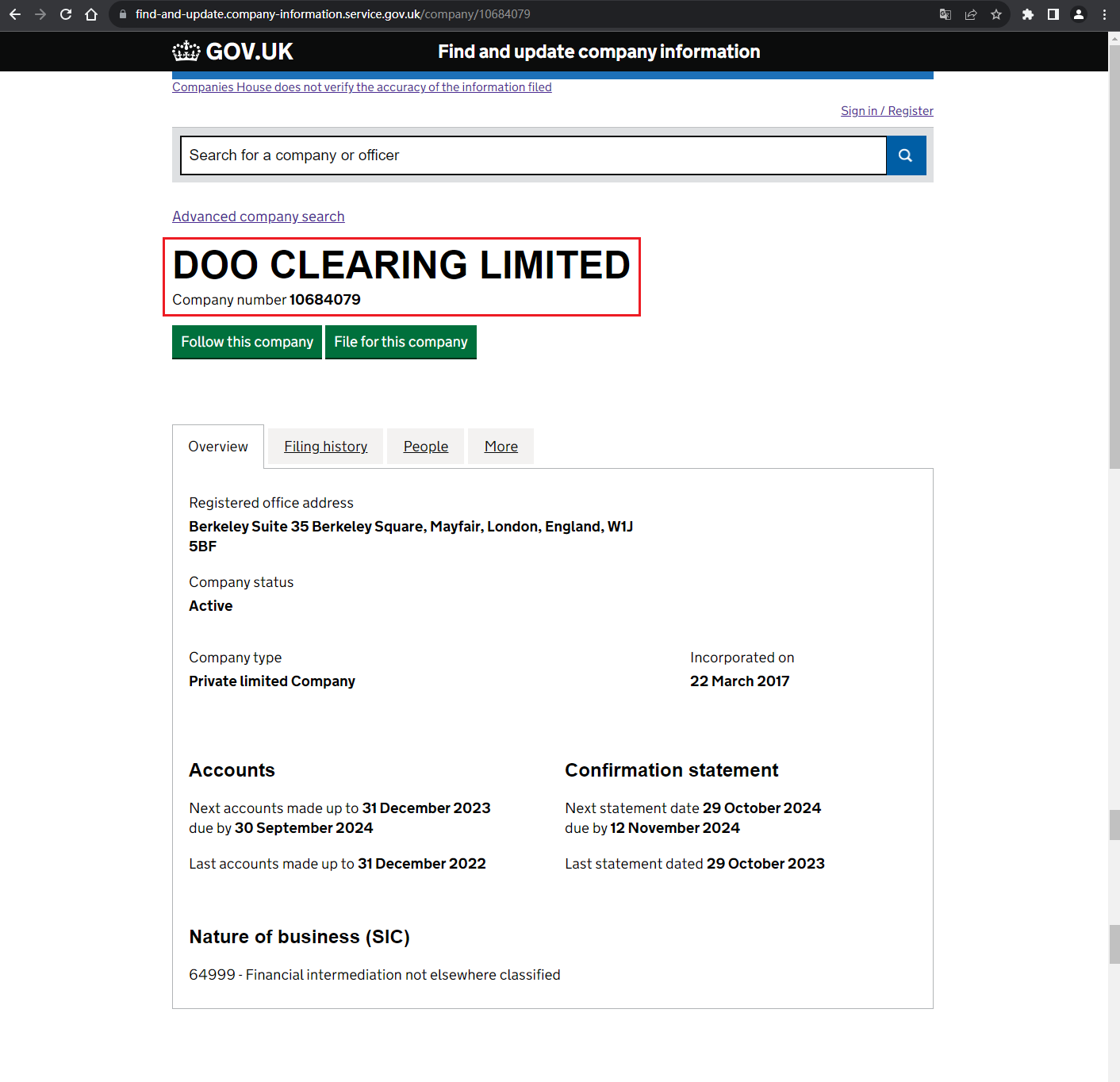 The official website shows the company registration information query