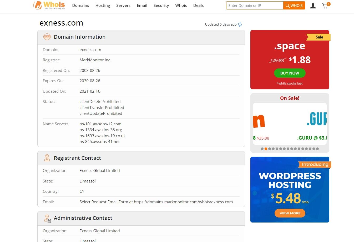 Exness domain name registration time in whois
