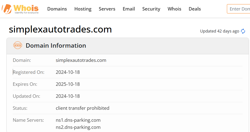 Whois lookup results