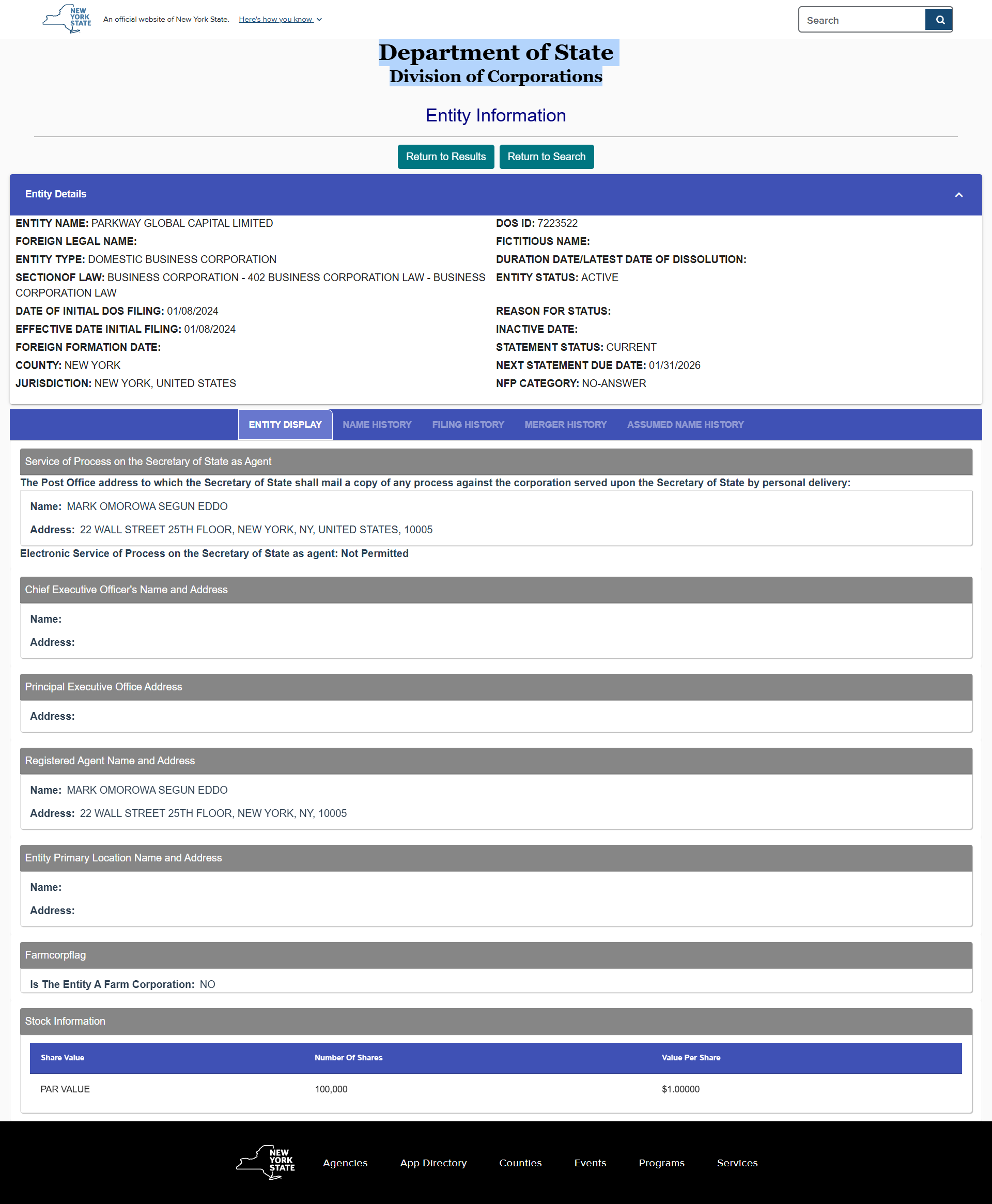 NEW YORK STATE Department of State Division of Corporations