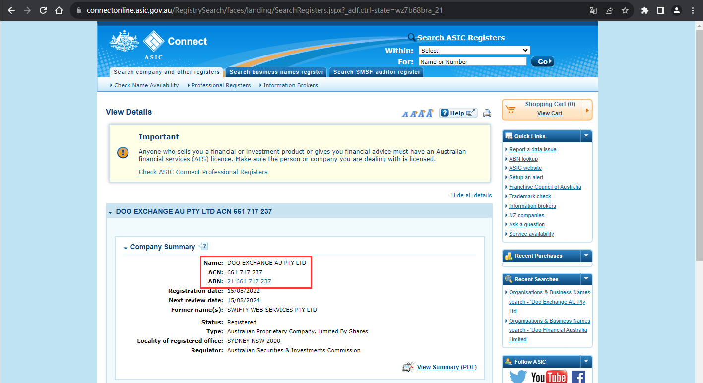 The official website shows the company registration information query