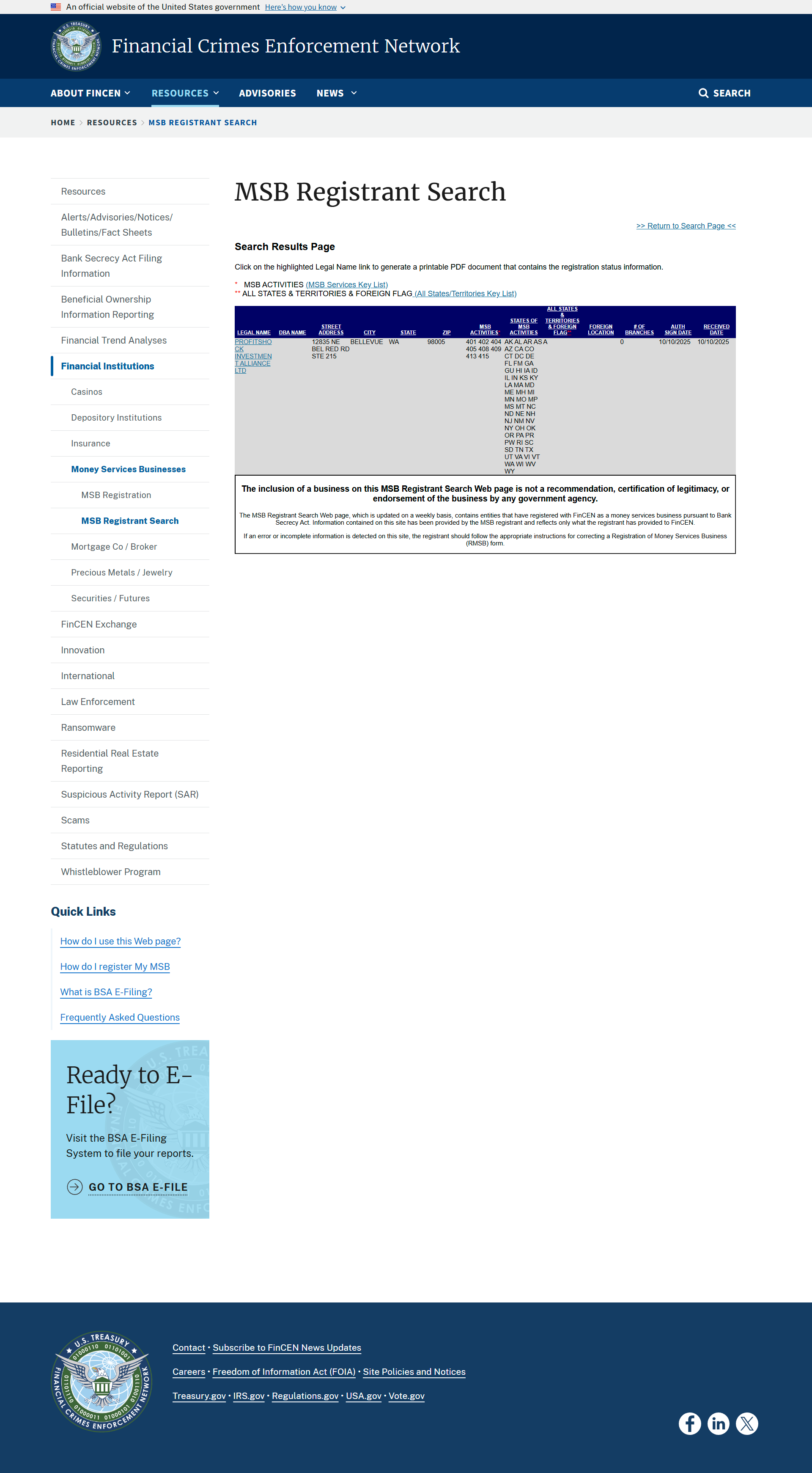 U.S. Financial Crimes Enforcement Network Lookup Results