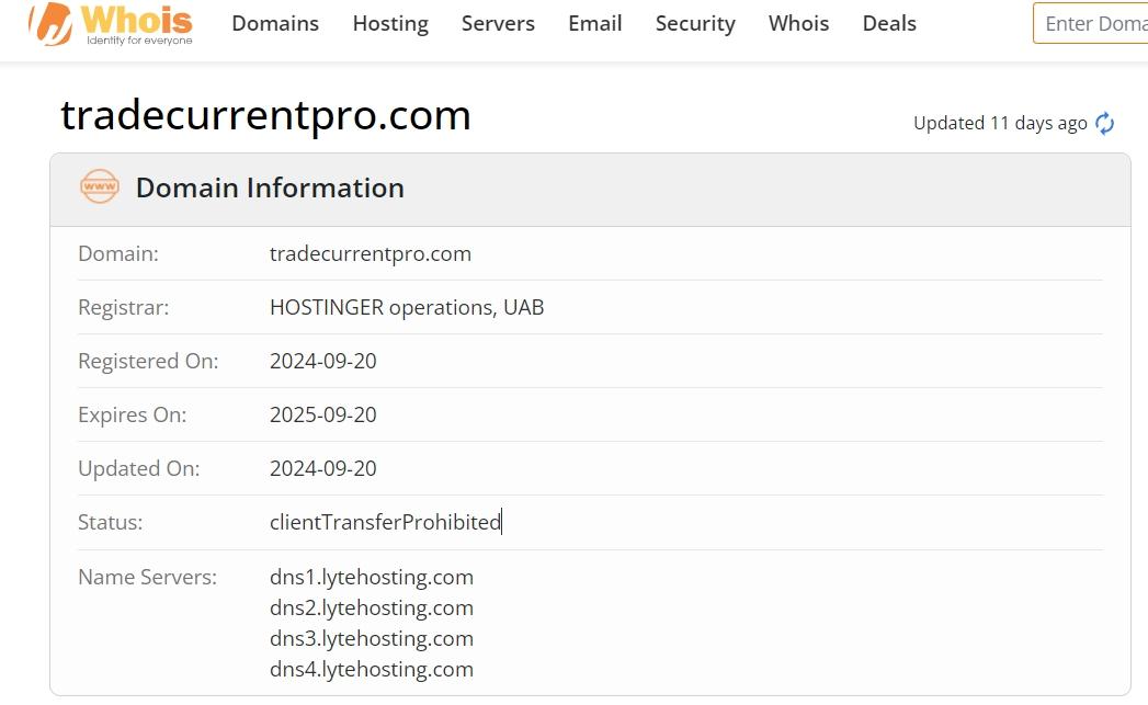whois domain time of Trade Current Pro
