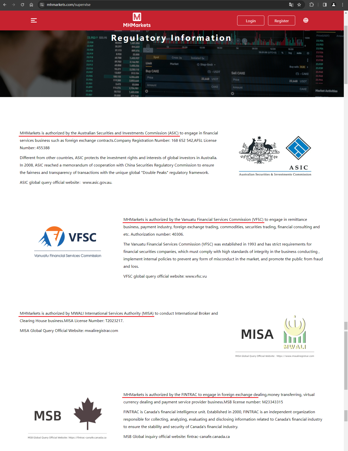 The official website displays company regulatory information