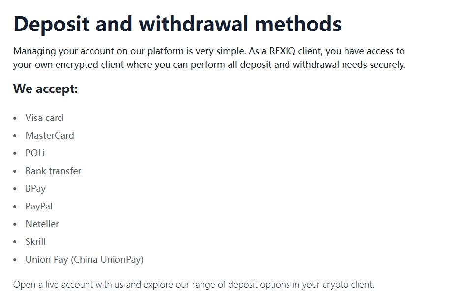 Funds deposit and withdrawal methods