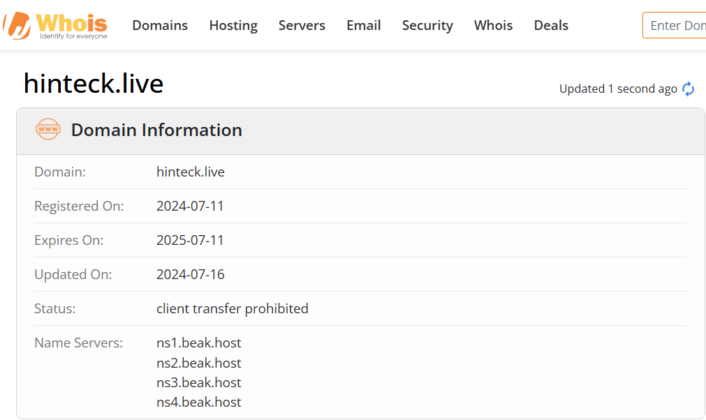 Whois lookup results