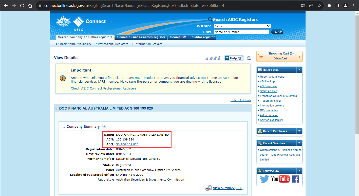 The official website shows the company registration information query