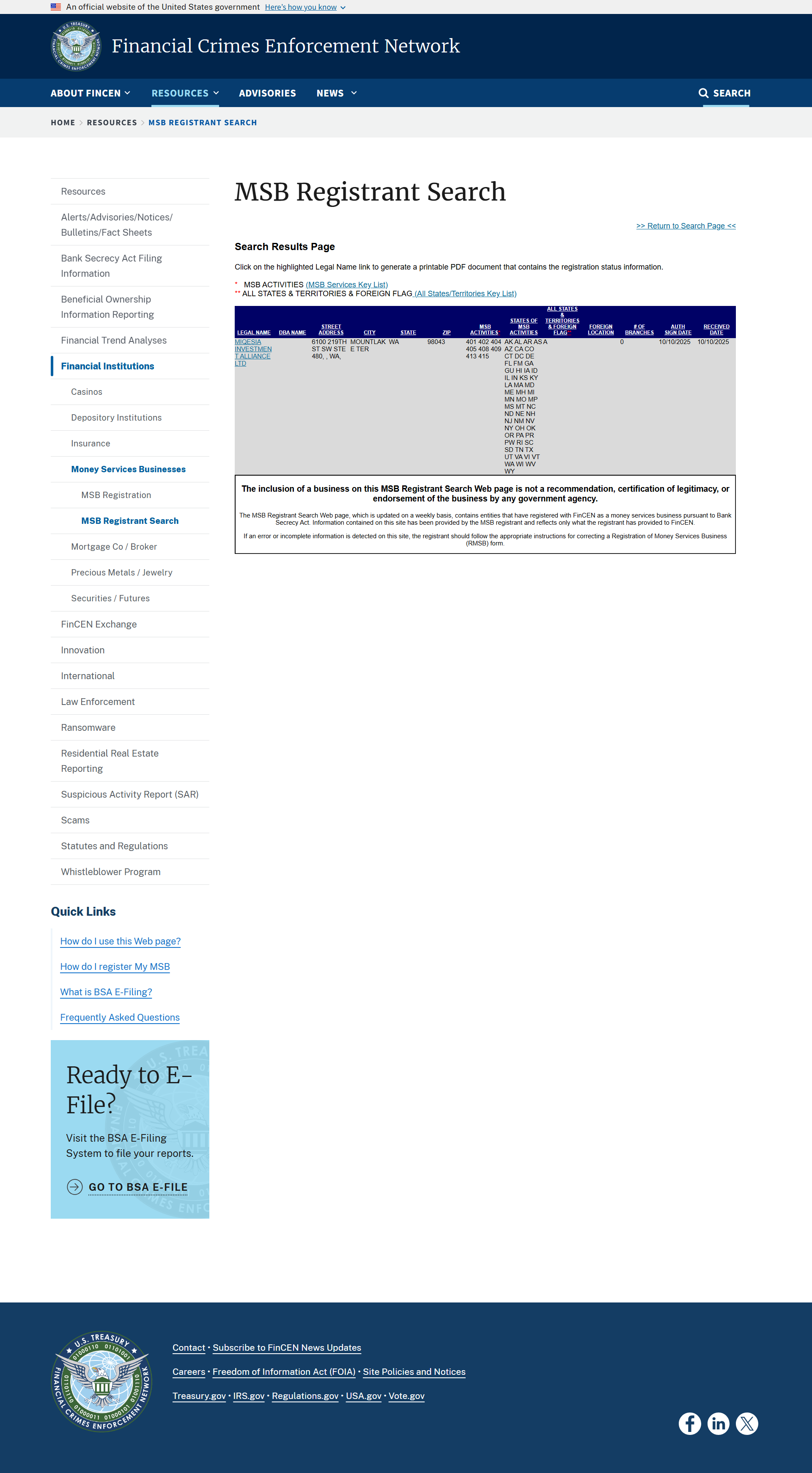 U.S. Financial Crimes Enforcement Network Lookup Results