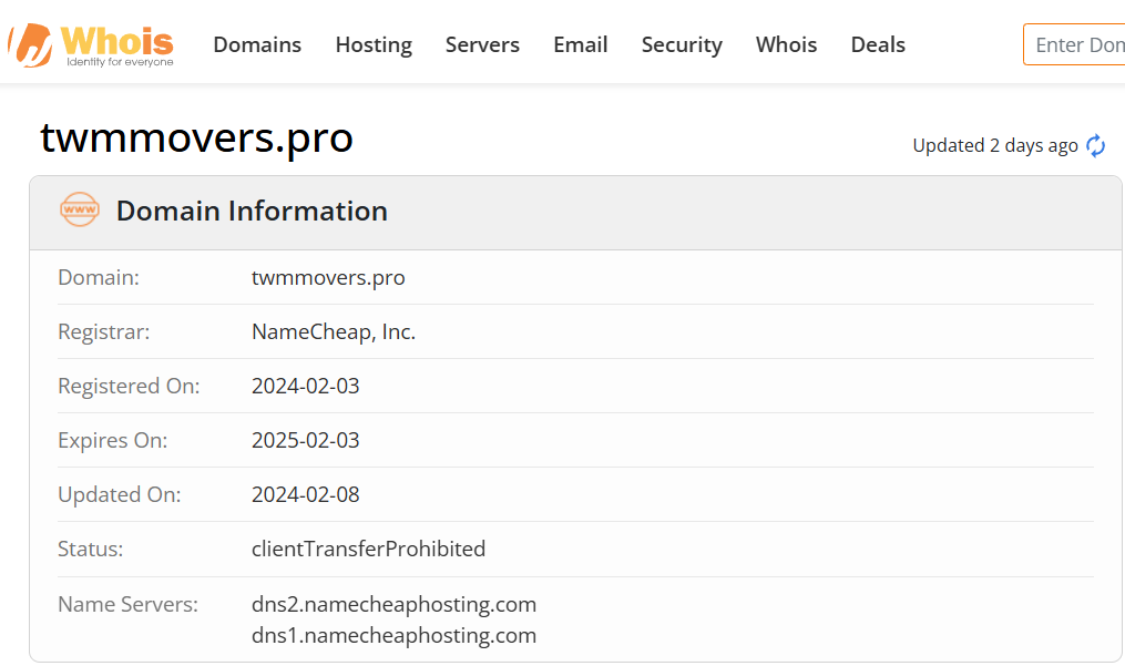 Whois lookup results