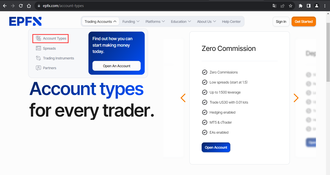 The official website shows the trading account type
