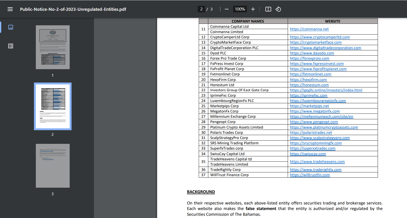 SECURITIES COMMISSION OF THE BAHAMAS Public-Notice-No-2-of-2023-Unregulated-Entities