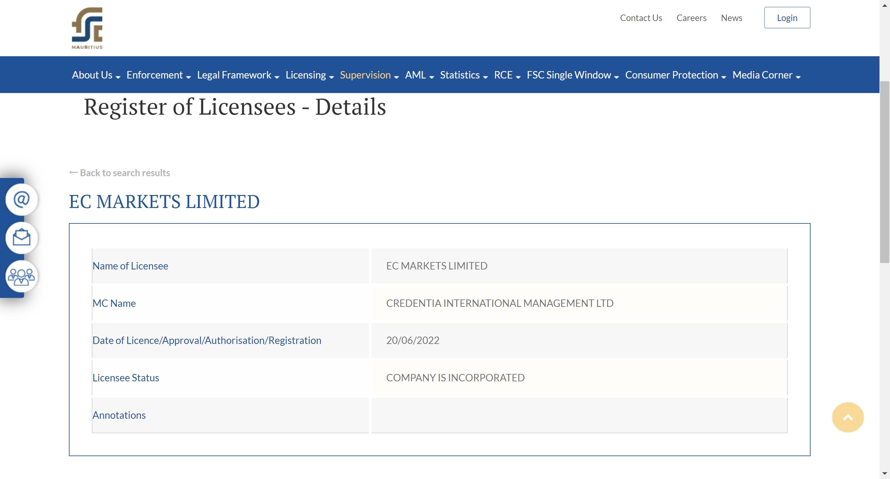 EC Markets FCA Regulation Screenshot