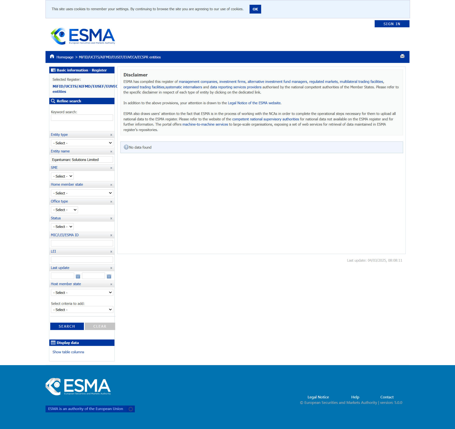 European Securities and Markets Authority（ESMA）
