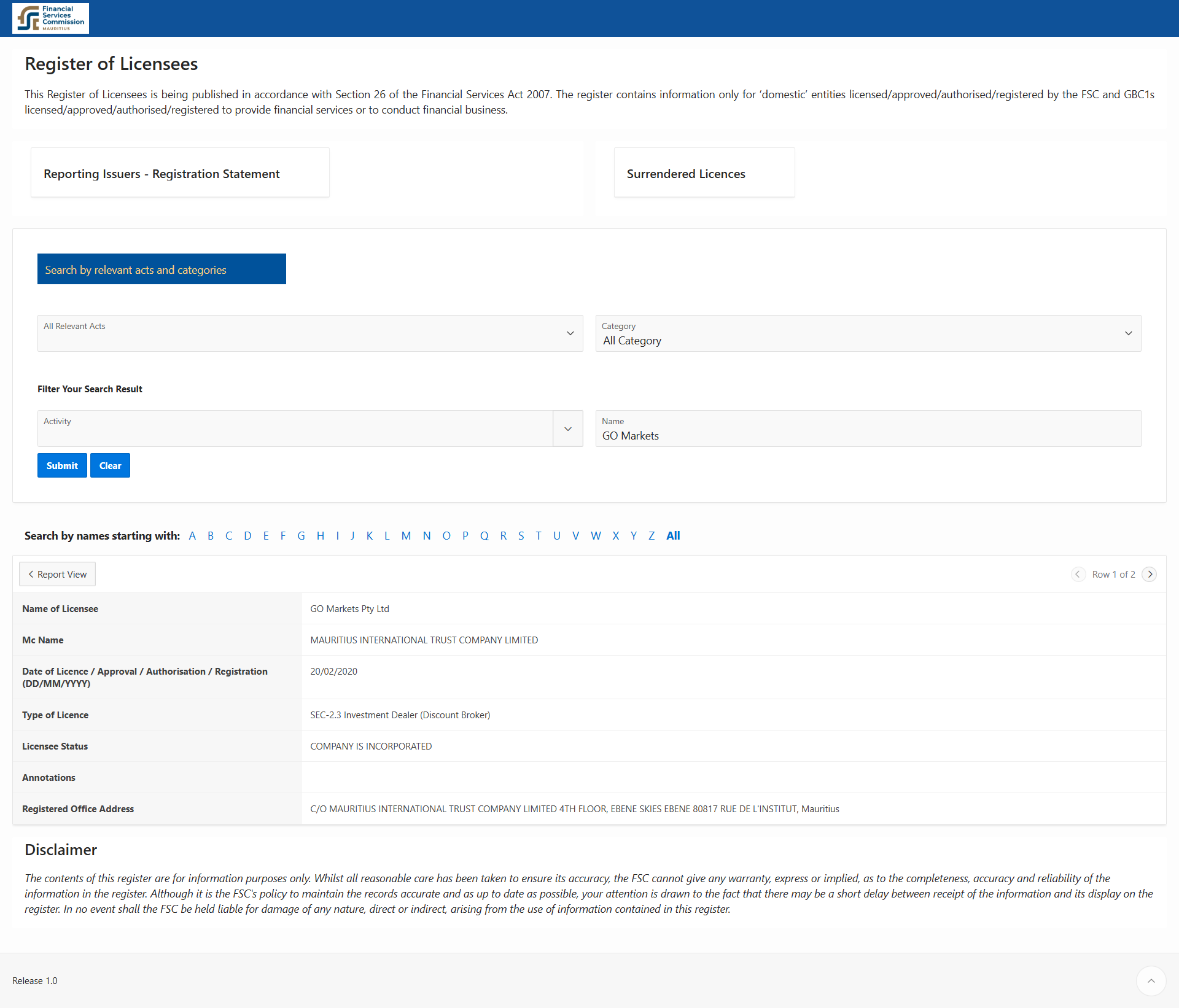 Financial Services Commission, Mauritius office website