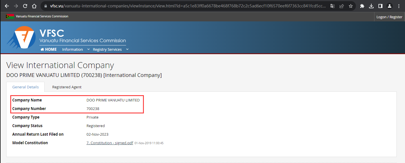 The official website shows the company registration information query
