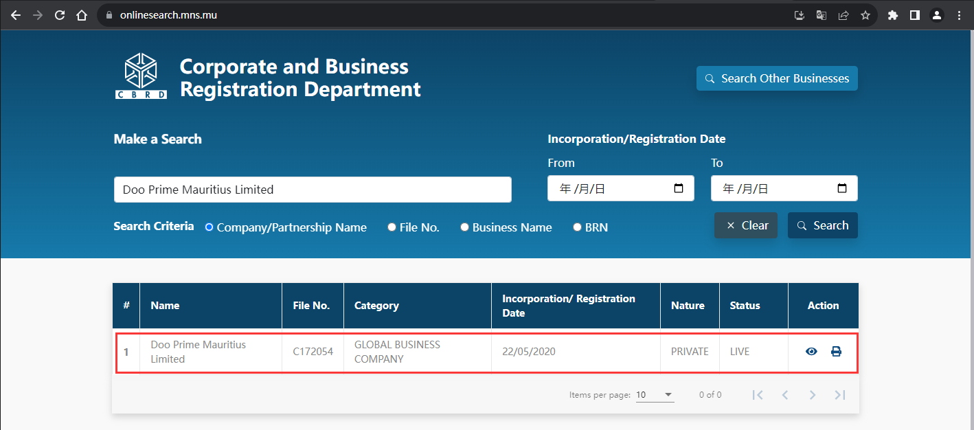 The official website shows the company registration information query
