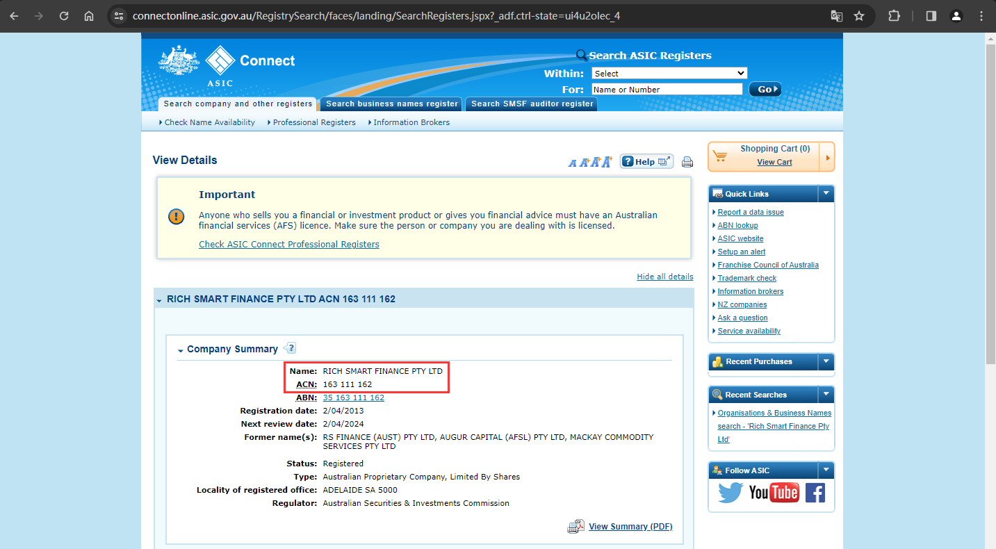 The regulatory information of 'RS Finance' by the Australian Securities and Investments Commission (ASIC)