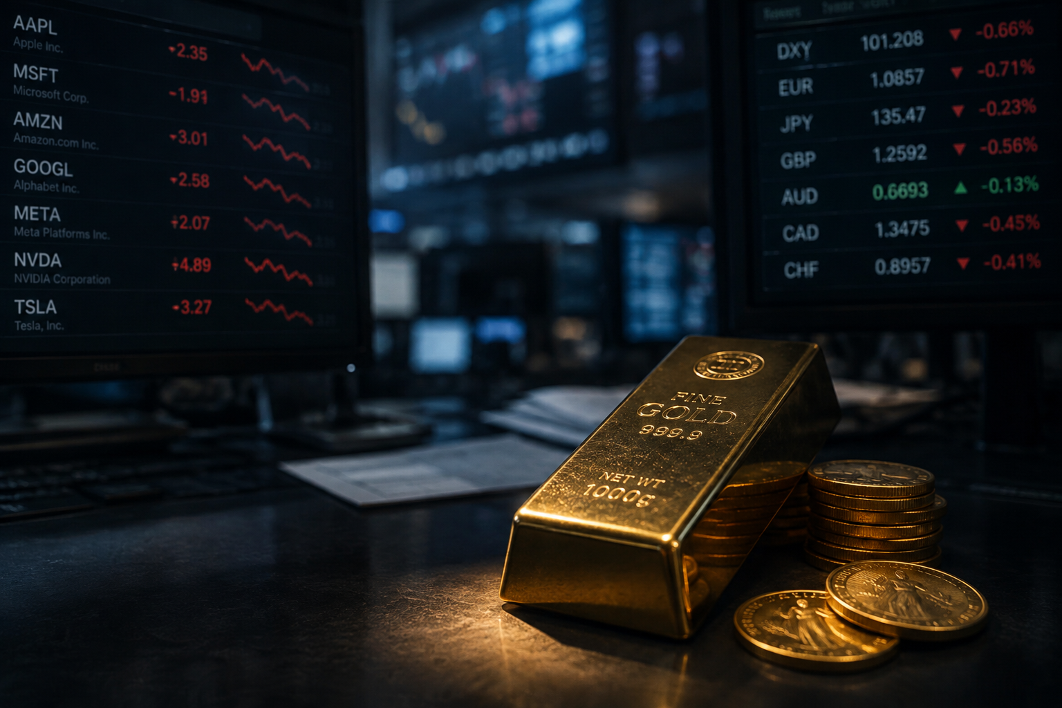 US Stocks Edge Lower as Tech Shares Weigh; Gold Hits 3-Month Peak on Dollar Weakness