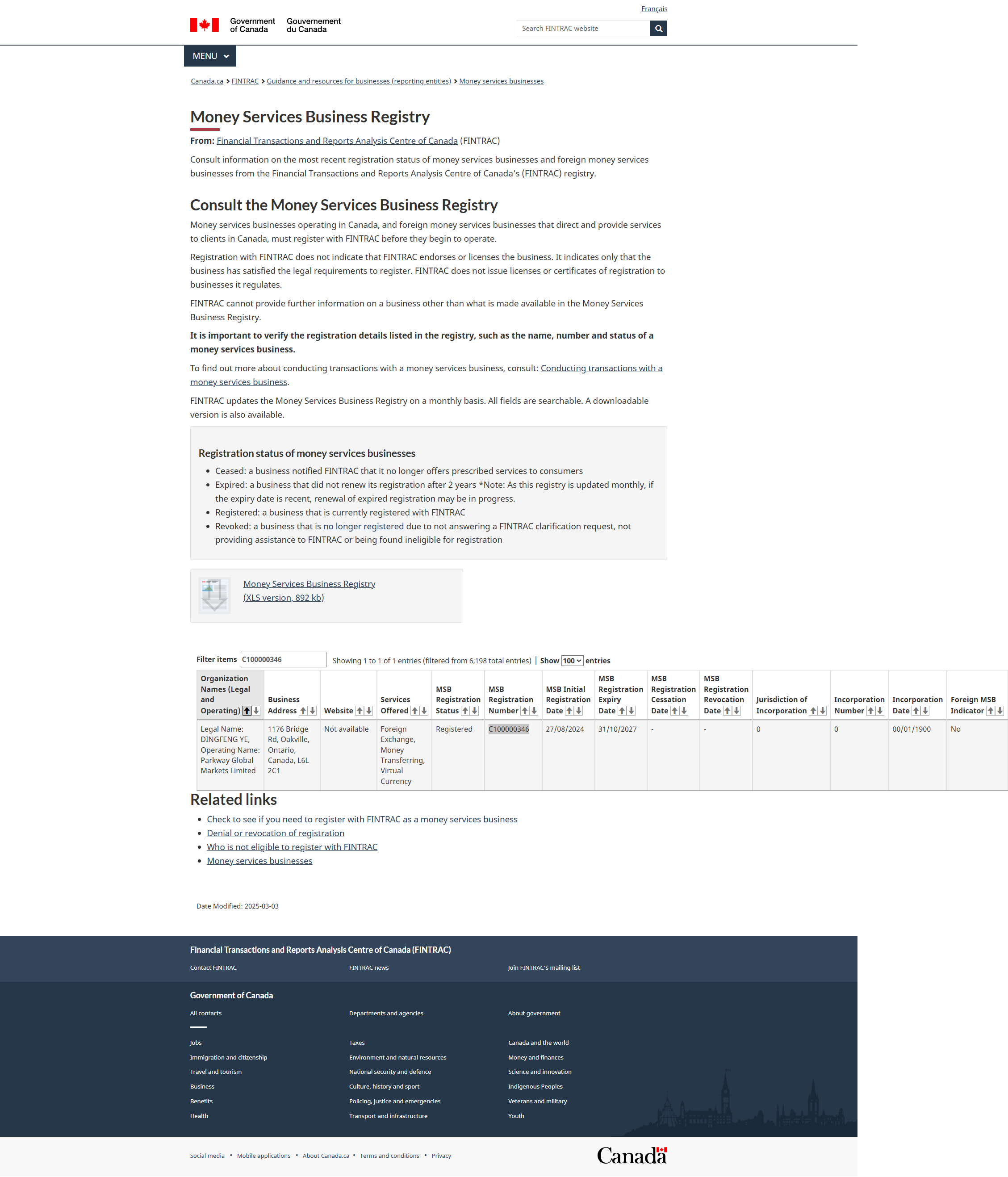 Canada Financial Transactions and Reports Analysis Centre of Canada (FINTRAC)