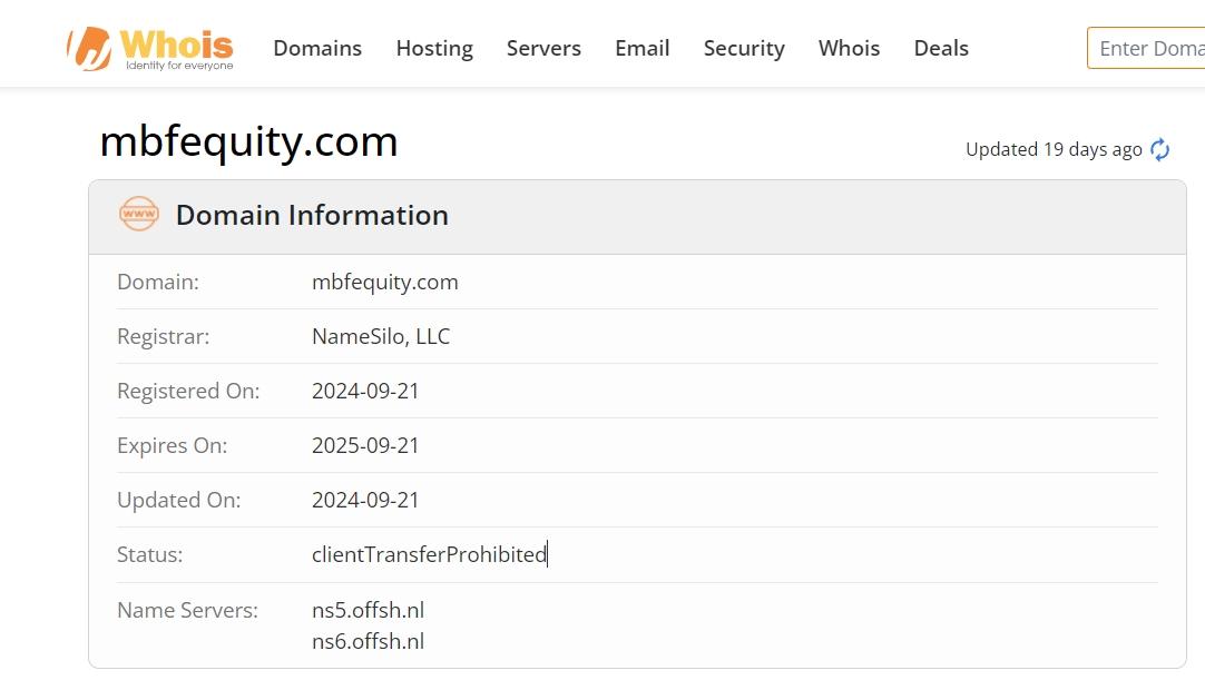 whois domain time of MBFequity