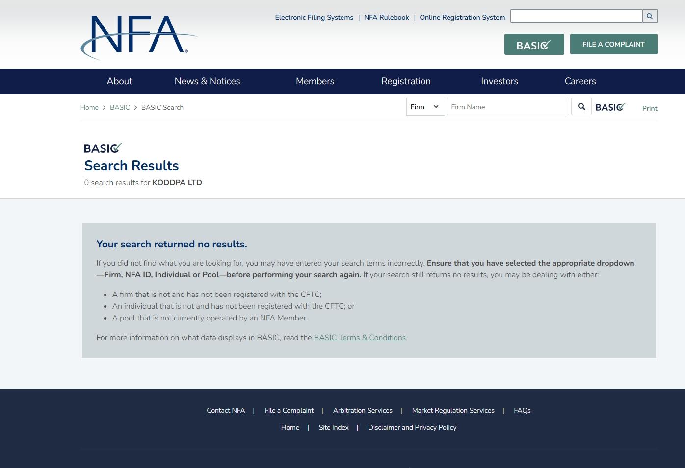 no registration information about KODDPA in the National Futures Association (NFA) of the United States