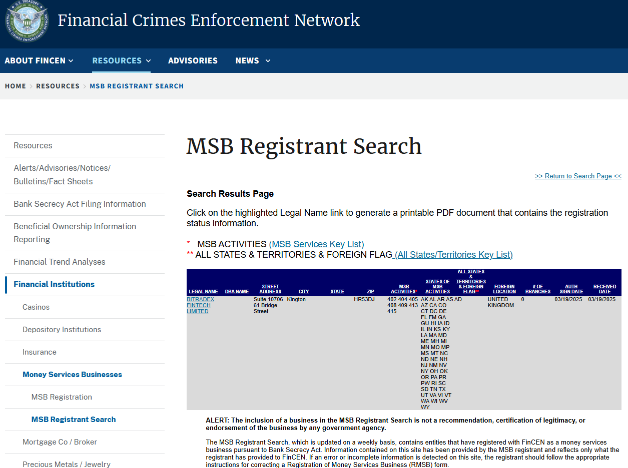 ข้อมูลการลงทะเบียน MSB ของ FinCEN