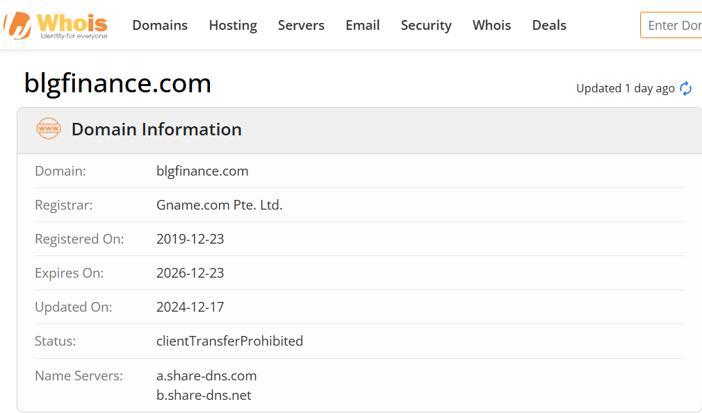 Whois lookup results