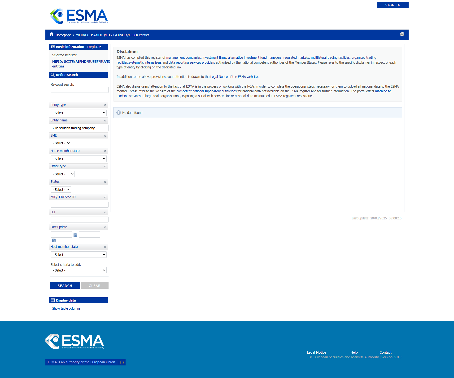 European Securities and Markets Authority（ESMA）
