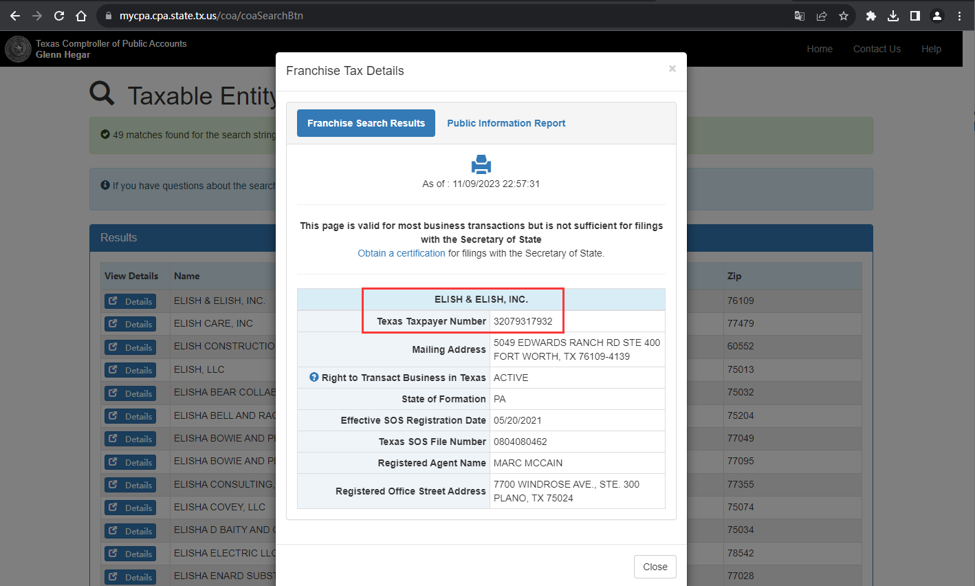 The official website shows the company registration information query