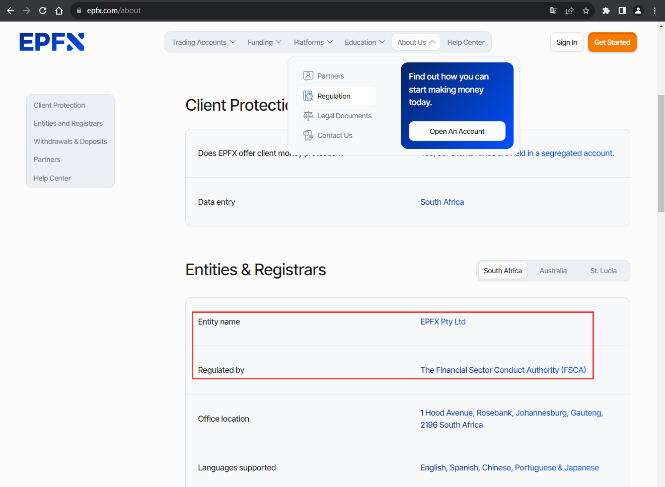The official website displays company regulatory information