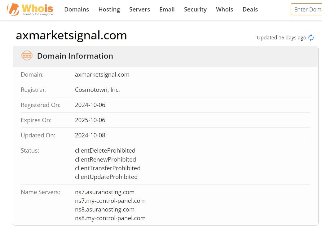 whois domain time of Axmarketsignal