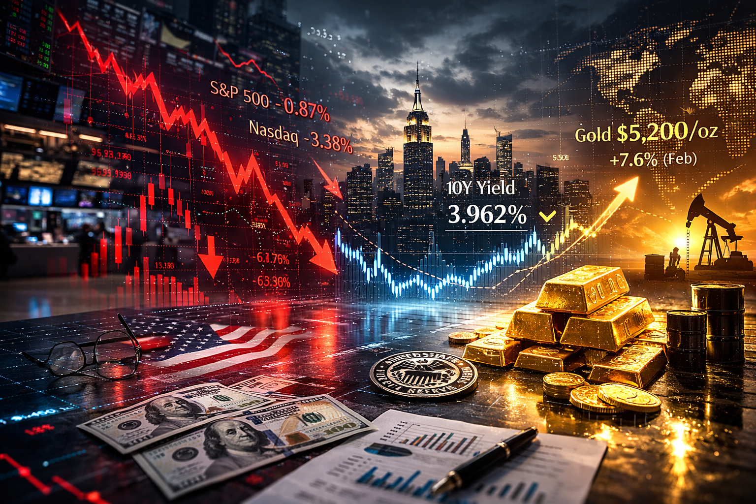 Ações dos EUA fecham fevereiro em queda; yields abaixo de 4% e ouro mantém alta