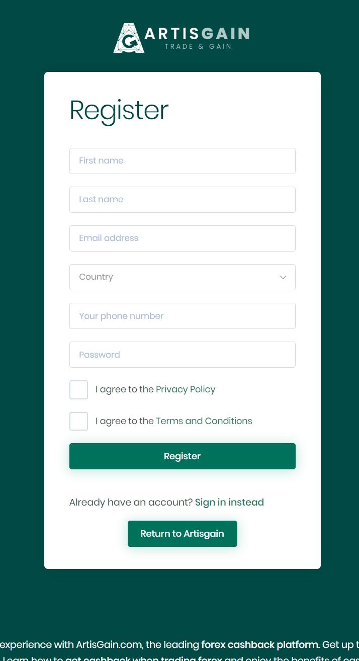 ArtisGain's account registration process