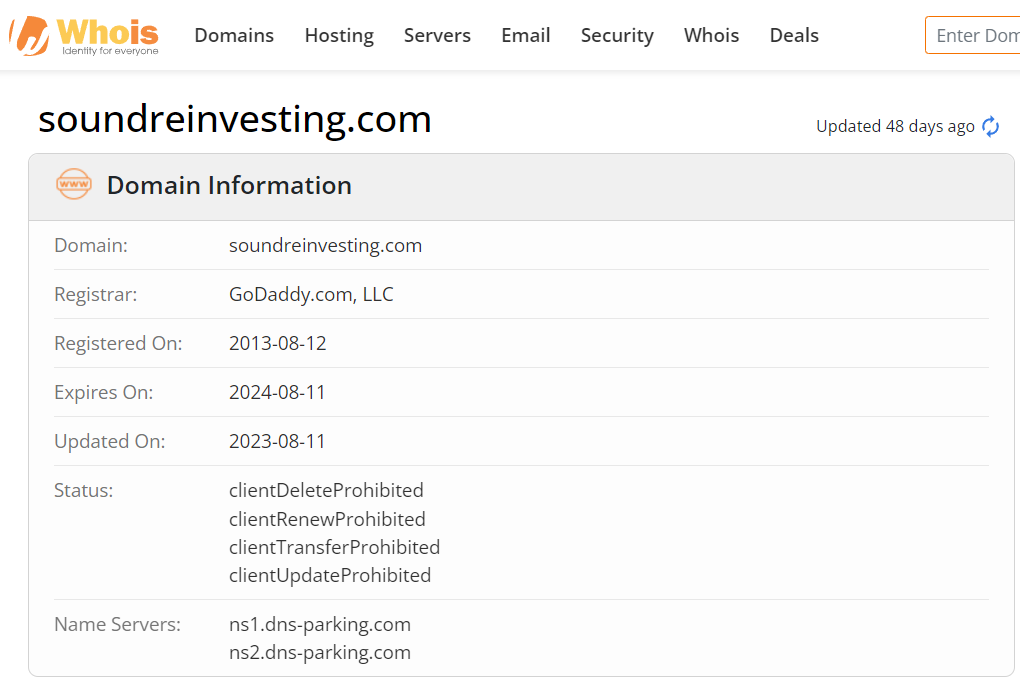 Whois lookup results