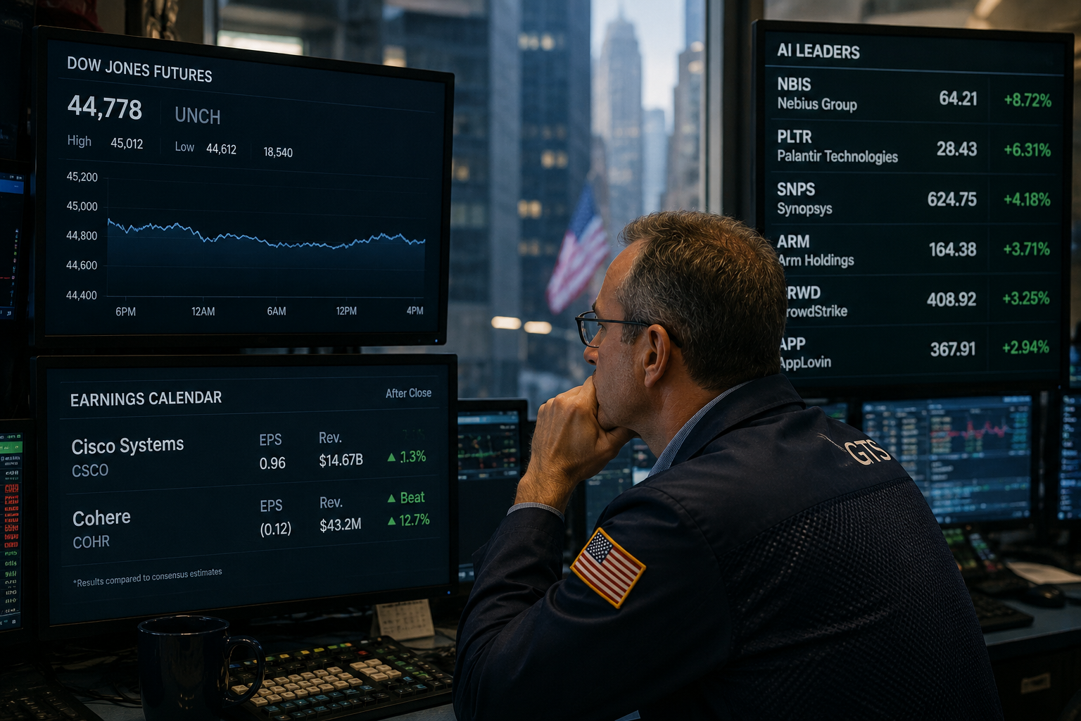 Dow Futures Steady as Cisco and Coherent Report; AI Stocks Lead Gains