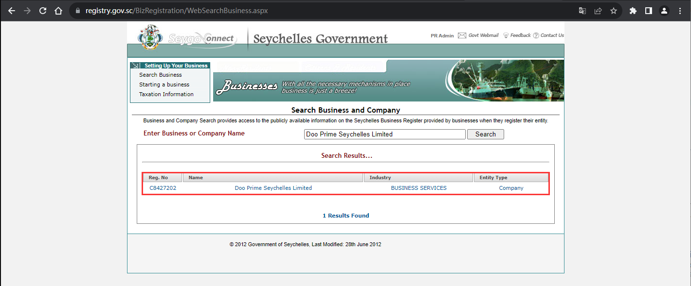 The official website shows the company registration information query