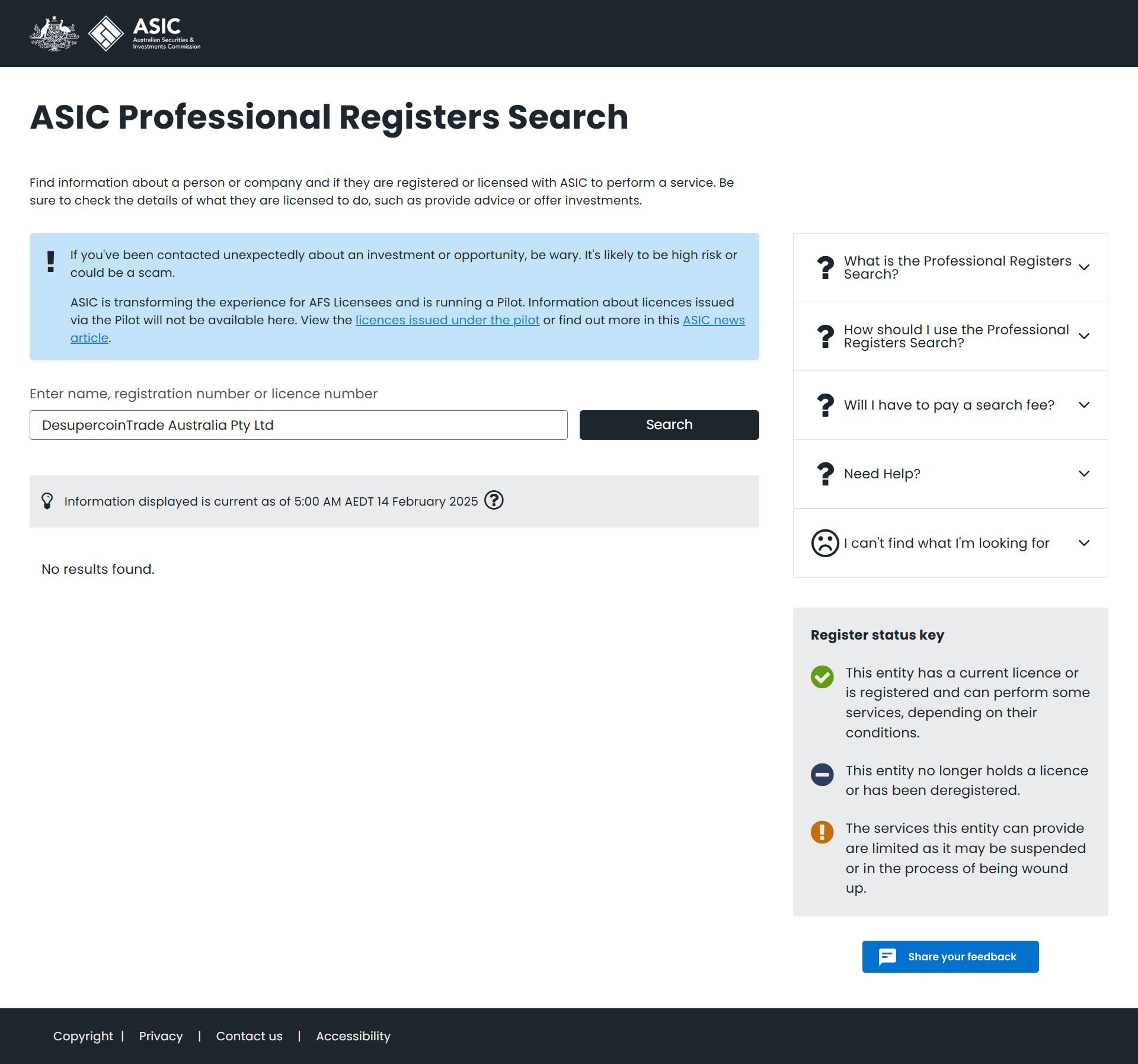 Australian Securities & Investments Commission Official Website